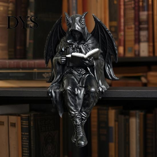 Donkere Opvallende Beeldje Gotische Fantasy Lezend Figuur, Mysterieuze Figuur met Kap Beeldhouwwerk, Hars Beeldhouwwerk Zittende Magere Hein Standbeeld voor Boekenkast,