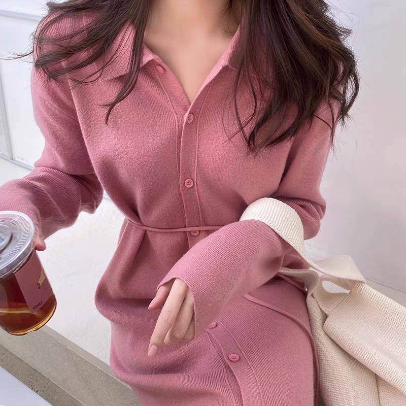 Temperament Lazy wind knitted dress women's autumn and winter new loose long over-the-knee sweater skirt with coat