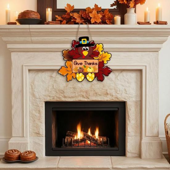 Thanksgiving Wooden Sign, Turkey and Pumpkin Welcome Wall Hanging Decor with Give Thanks, Rustic Farmhouse Fall Harvest Decoration for Front