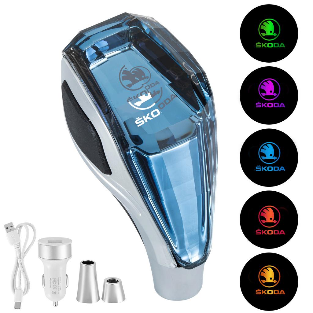 Pugms9 Crystal Gear Shift Head LED Illuminated Logo Car Gear Head for Skoda Octavia Kodiaq Fabia Rapid 3 Karoq Superb VRS Accessories