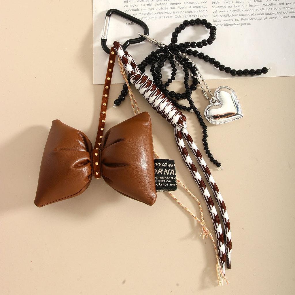 Handmade Pearl Butterfly Heart Bag Charm With Brown Bow For Fashion Accessories