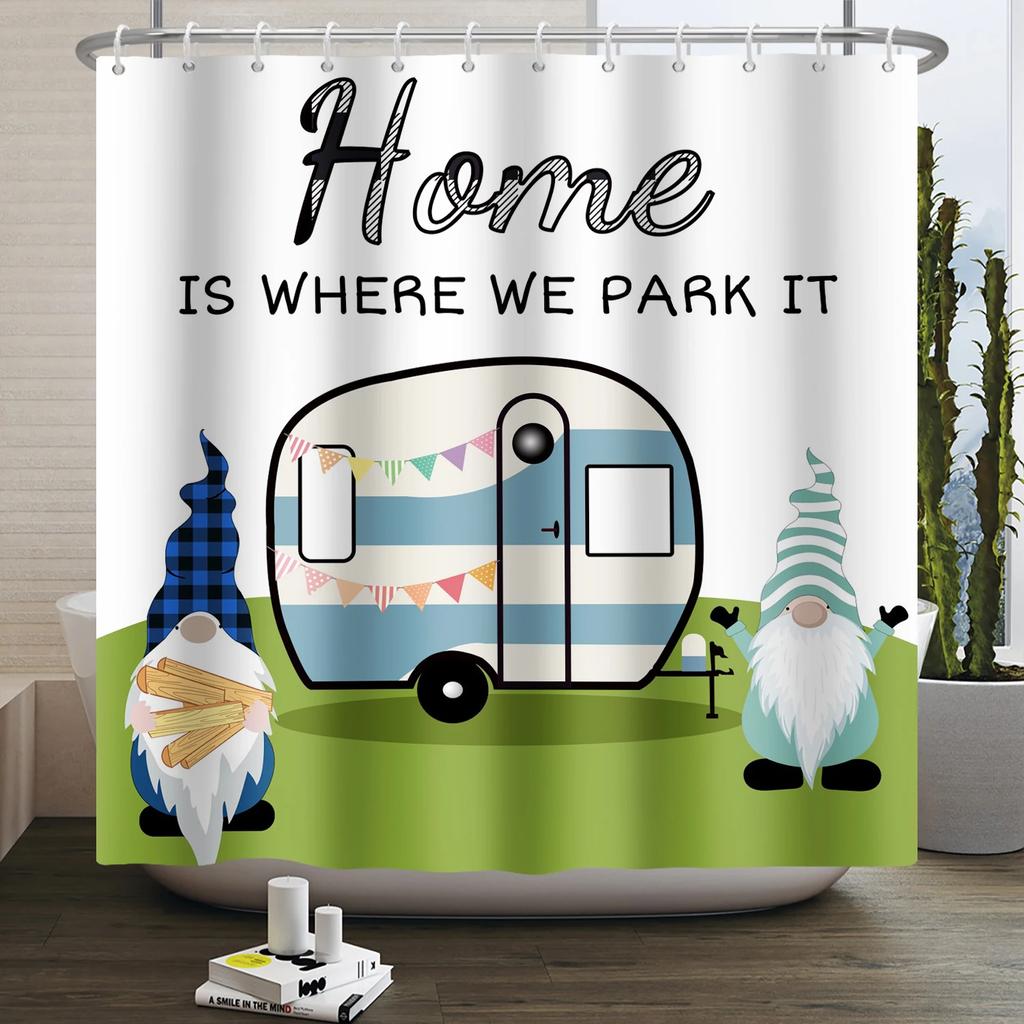 Camper Shower Curtain Happy Camper Trailer Car Rv Forest Mountain Tent Camping Bathroom Shower Curtain Waterproof Bath Curtain
