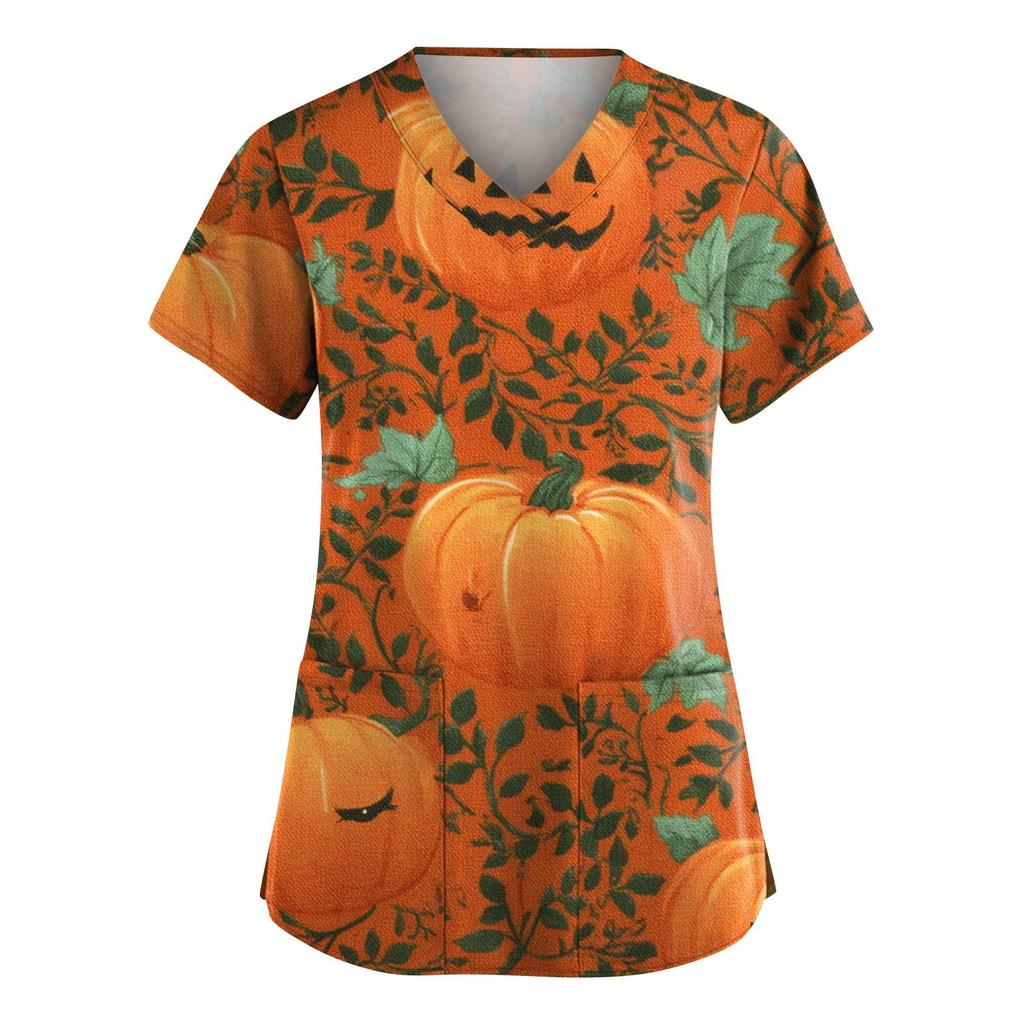 Damenmode V-Ausschnitt Kurzarm Overalls mit Taschen Halloween Bedruckte Oberteile Bekleidung