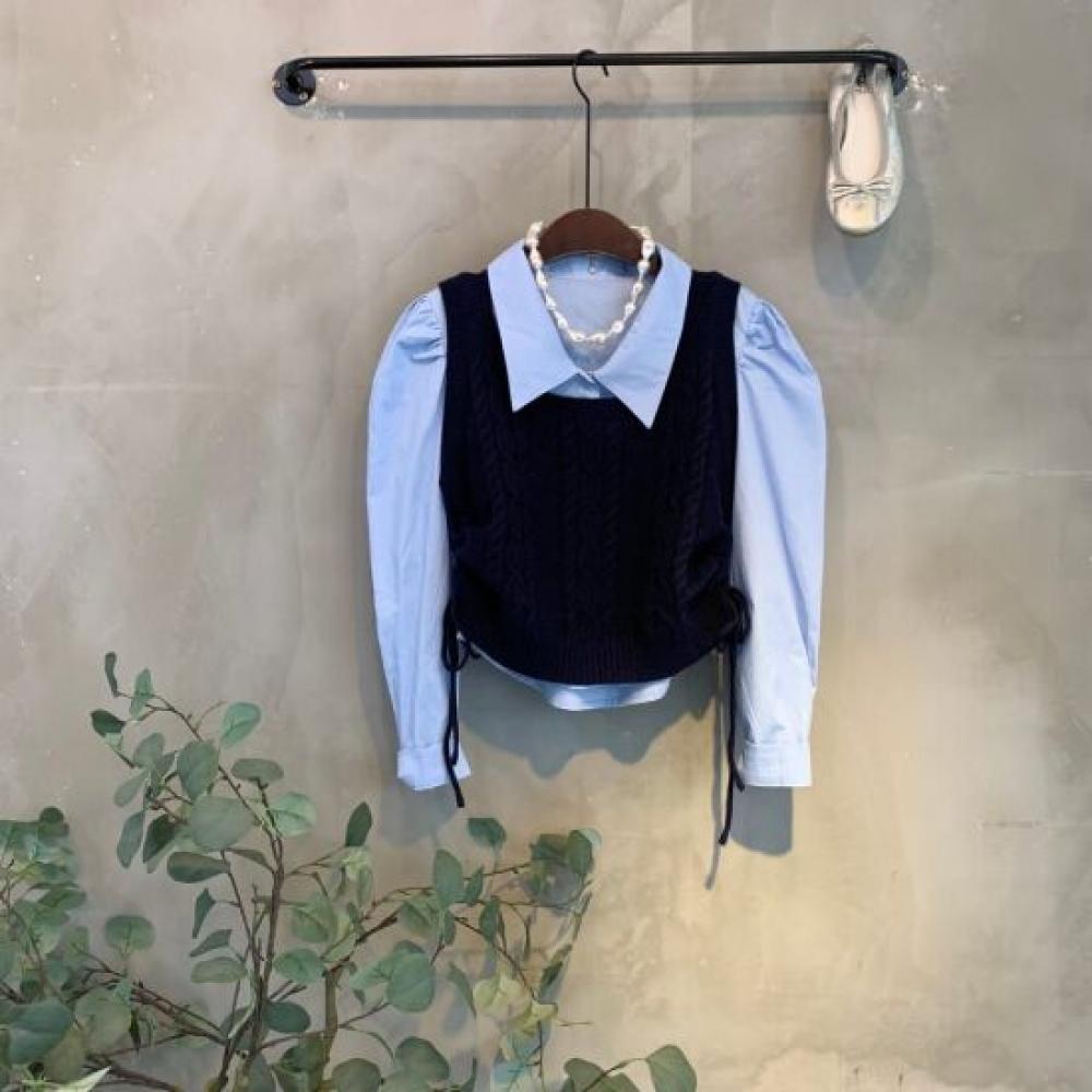 C S In The Room Women Puff blouSe + Cable Knit Crop veSt 3 ColorS