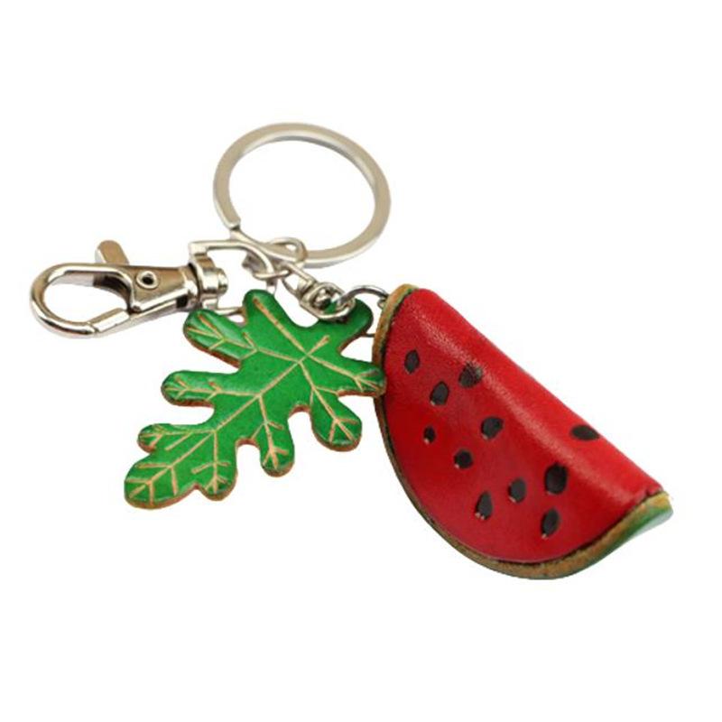 Première Couche Cuir de Vache Créatif Petite Pastèque Porte-clés de Voiture Pendentif de Sac Mini Mignon Fruit Accessoires de Sac en Cuir de Vache