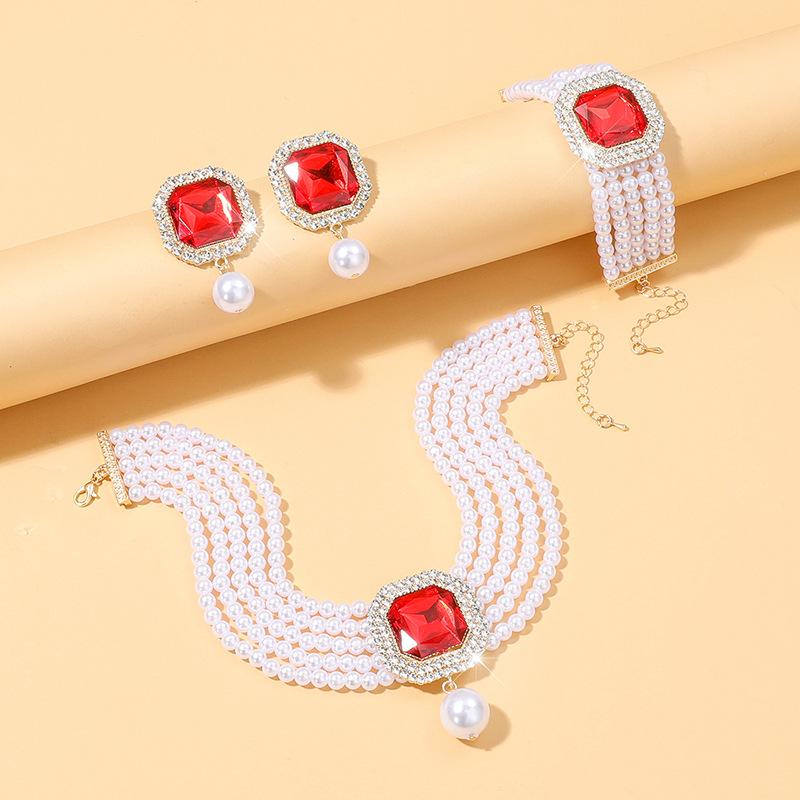 Multi-layer imitation pearl crystal earrings bracelet necklace three-piece set pearl full diamond jewelry красный
