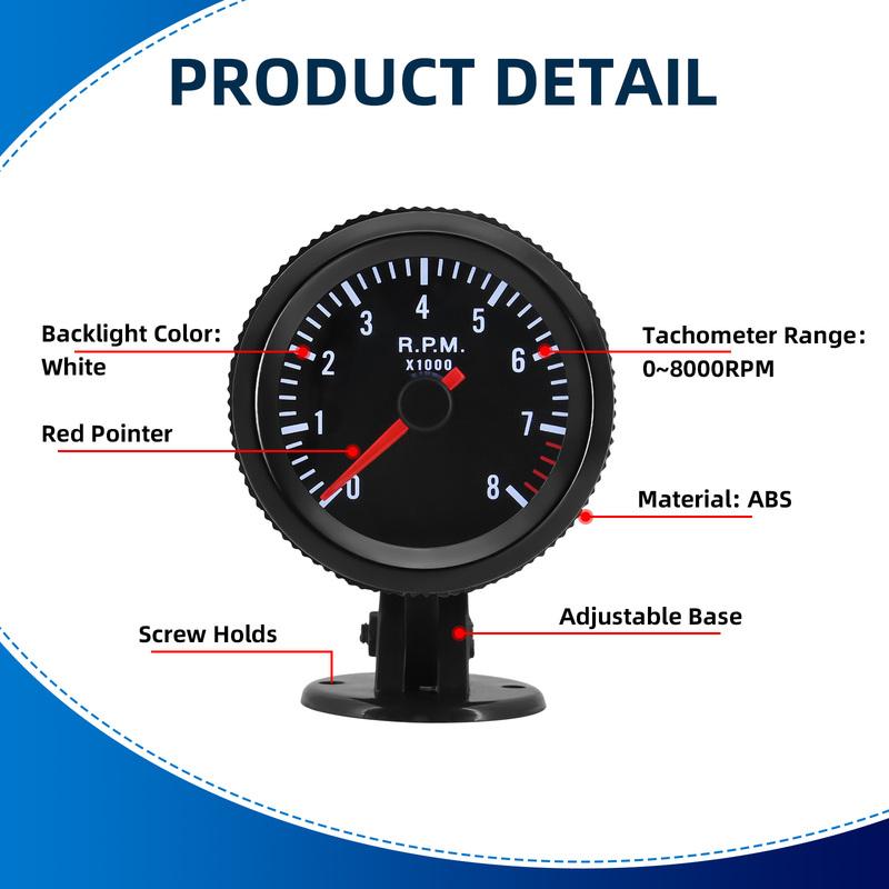 Car Tachometer Gauge 0-8000RPM Car Meter Black Case With White LED tacho For 1-8 Cylinders Gasoline 2" 52mm RPM Tachometer