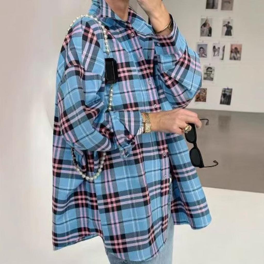 Women's Point Collar Long Sleeve Plaid Shirt Loose Fit Streetwear Blouse With Chest Pocket Spring Casual Oversized Tunic Shirt