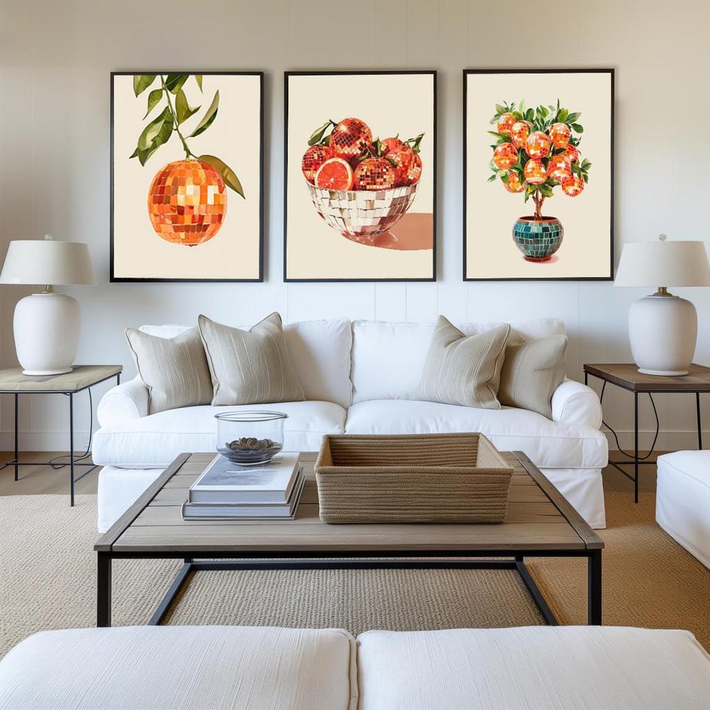 3Pcs Retro Disco Oranges Wall Art Funky Girl Preppy Wall Decor Pictures Fashion Glam Fruit Orange Food Mirror Ball Posters Canvas Prints for Bar Cart
