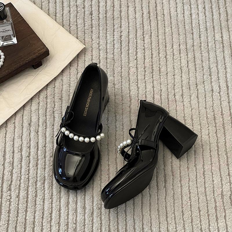Casual Mary Jane Women's Shoes Summer New Bow Retro French High Heels Thick Heel Round Head Single Shoes Small Leather Shoes Women