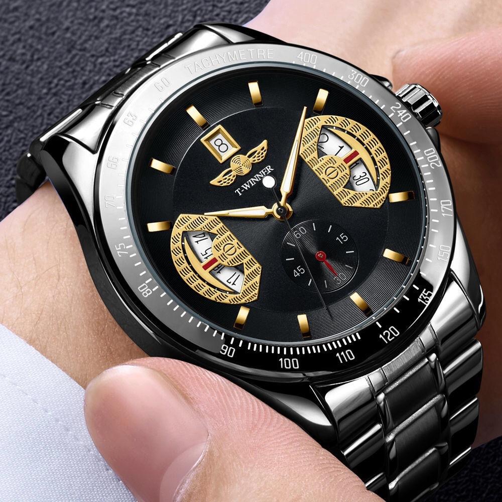 WINNER Sports Gold Automatic Watch for Men Date Display Luminous Hands Stainless Steel Strap Top Brand Luxury Mechanical Watches