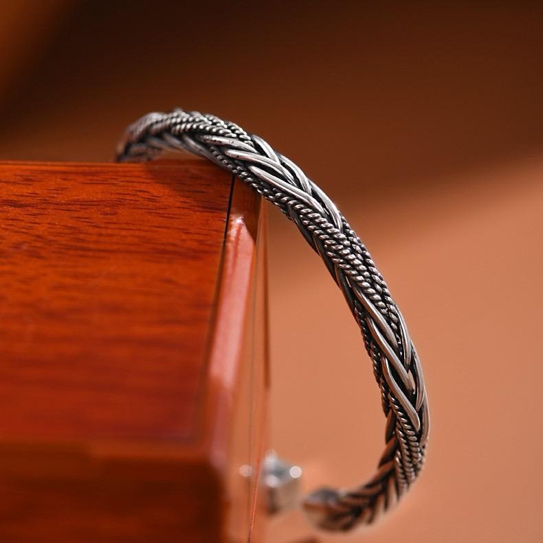 100% Solid 925 Sterling Silver Retro Bracelet for Women Men Vintage Handmade Interware Bar Simple Bracelet Birthday Gift