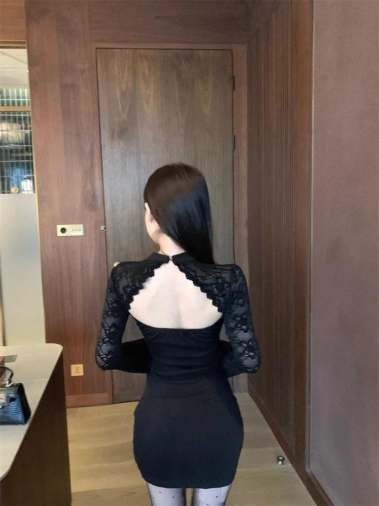 Backless Halter Long Sleeve Bodycon Dress - Sexy Hollow Out, Short Skirt for Women, Spring Autumn