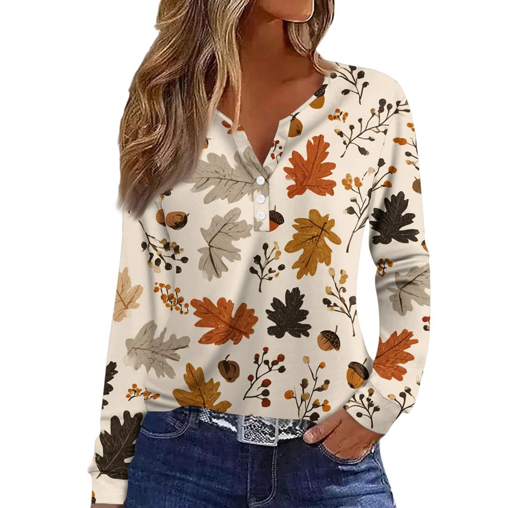 T-shirt dam T-shirt med långärmad knapp för daglig helgmode Basic V-hals vanlig topp