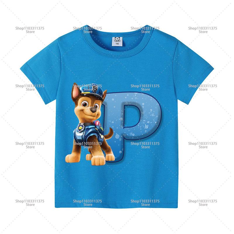 Cute PAW Patrol Blue T-shirt Boys Clothes Letter A-Z Printed Short Sleeve Cartoon Fashion Kids Birthday Toddler Cotton Tops Gift