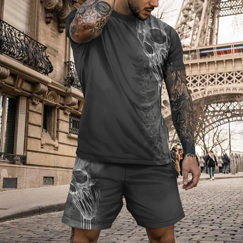 3D Print Skull Pattern Casual New Men's Short T-Shirt Beach Pants Suit Oversized Man Sportswear Hip Hop Short Sleeved Set