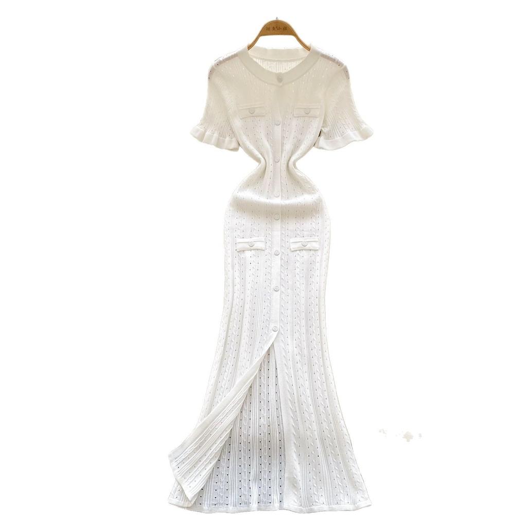 European and American style simple knitted dress women's summer single-breasted hollow slim-fitting design light luxury temperament long dress