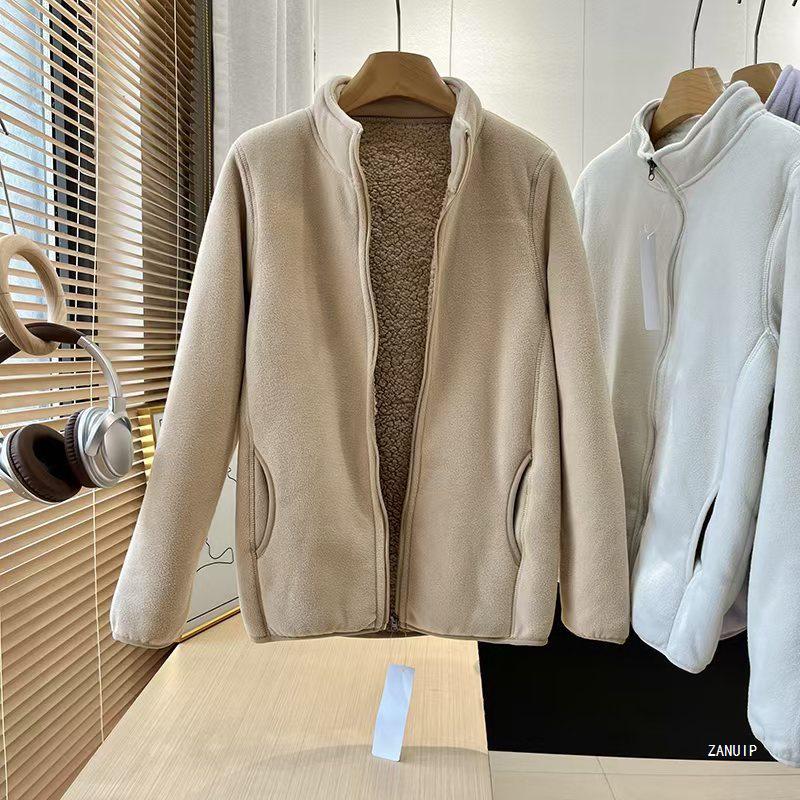 Unisex Retro Fleece Thickened Jacket with Stand Collar and Zipper - Autumn Winter Style