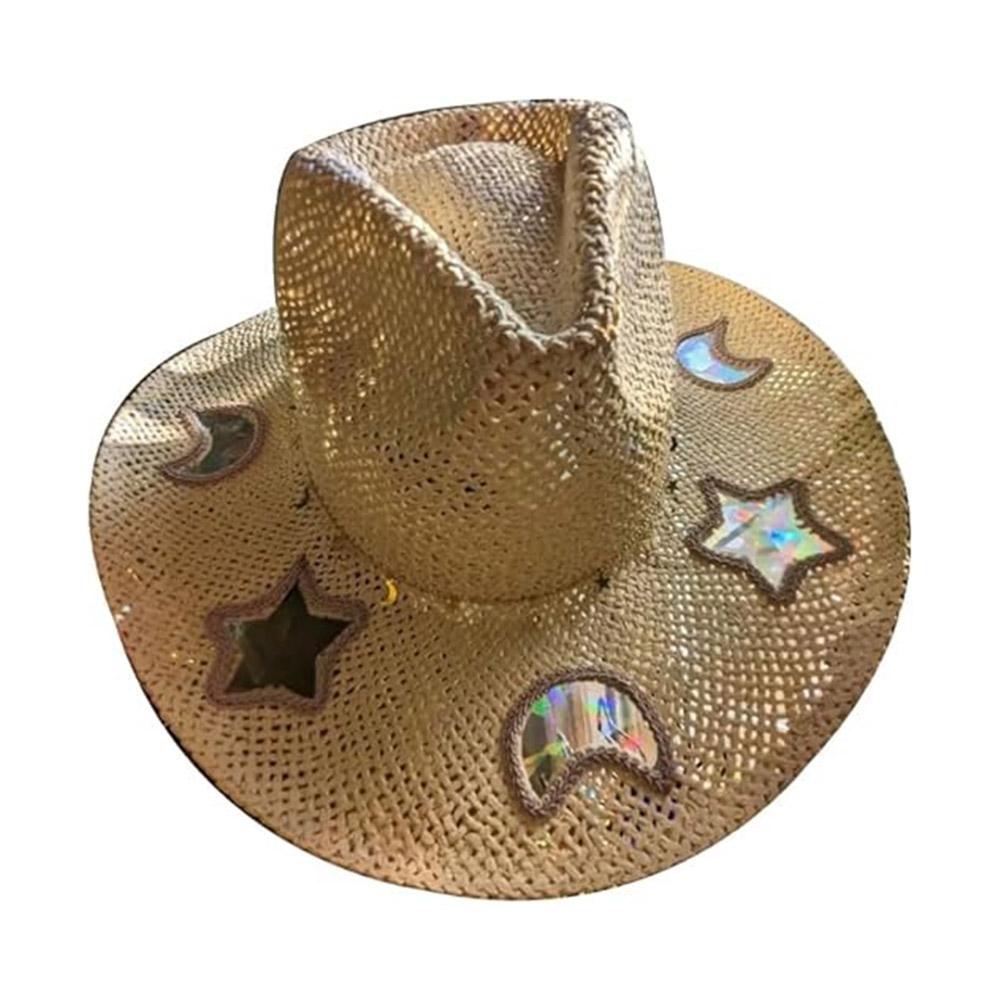 Beach Cowboy Suncatcher Cowgirl Straw Prism Hat Vintage Summer Jazz Cap Woven Sun Hat for Music Festival Party