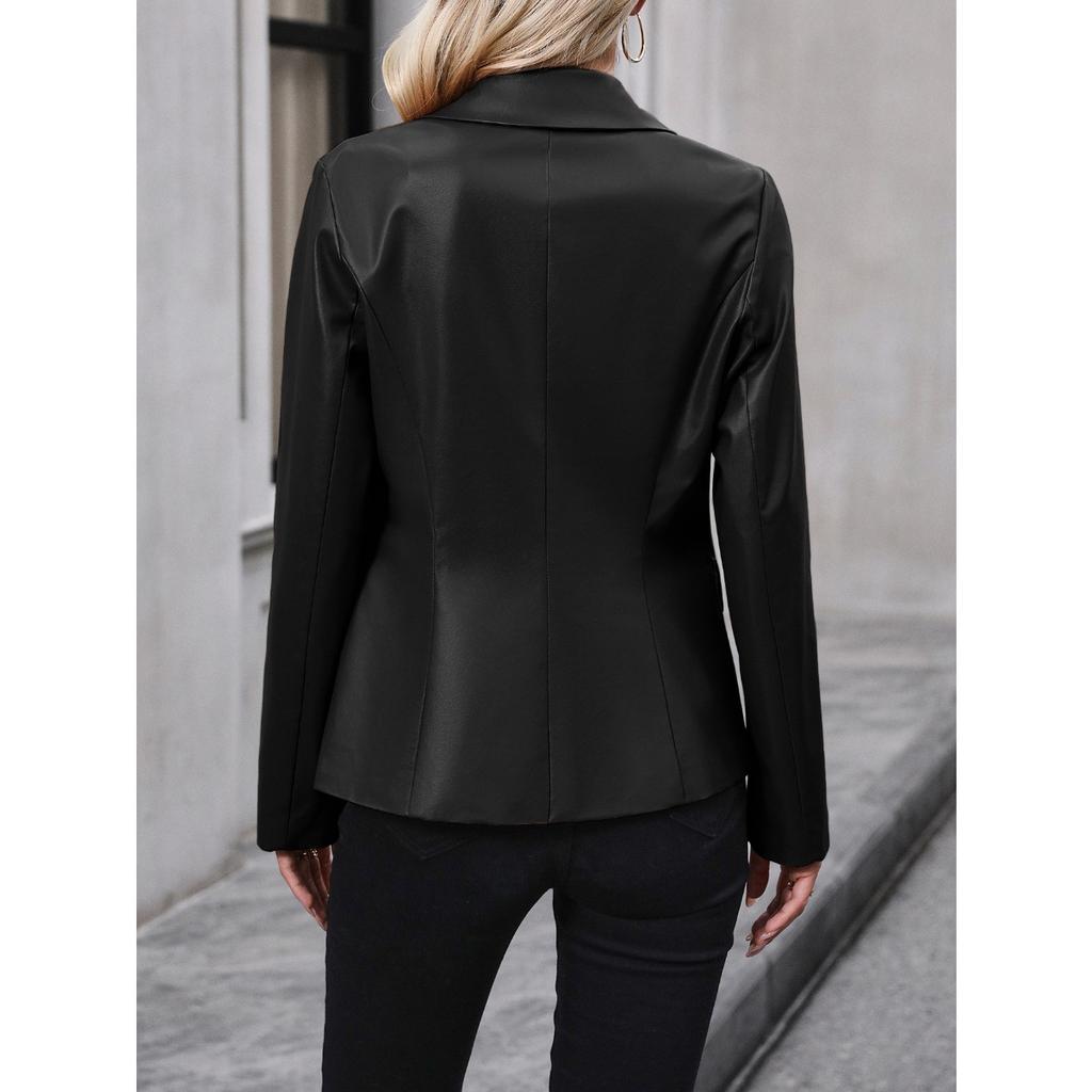 Women's Double Breasted Blazer PU Leather Moto Jacket