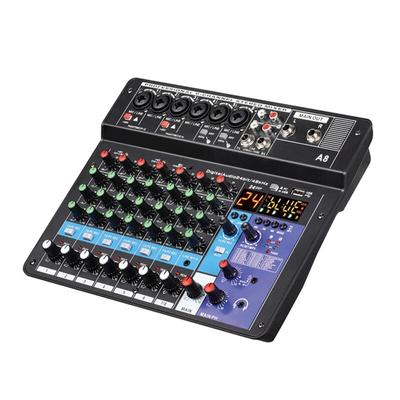 Mezclador de audio profesional Consola mezcladora de sonido de 8 canales A8 Soporte Bluetooth USB Interfaz de alimentación de 48 V para grabación de fiestas de Karaoke