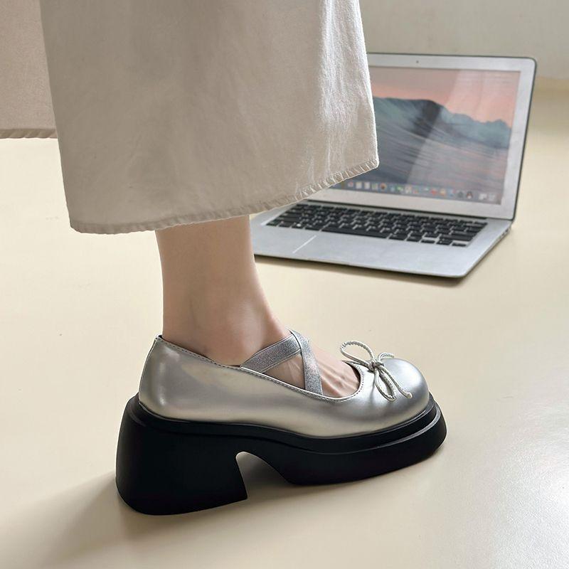 Stříbrné lodičky na platformě na vysokém podpatku Dámské Podzimní motýlek Překřížené Ramínka Boty Mary Jane Žena Pu Kůže Boty Jk na silném podpatku