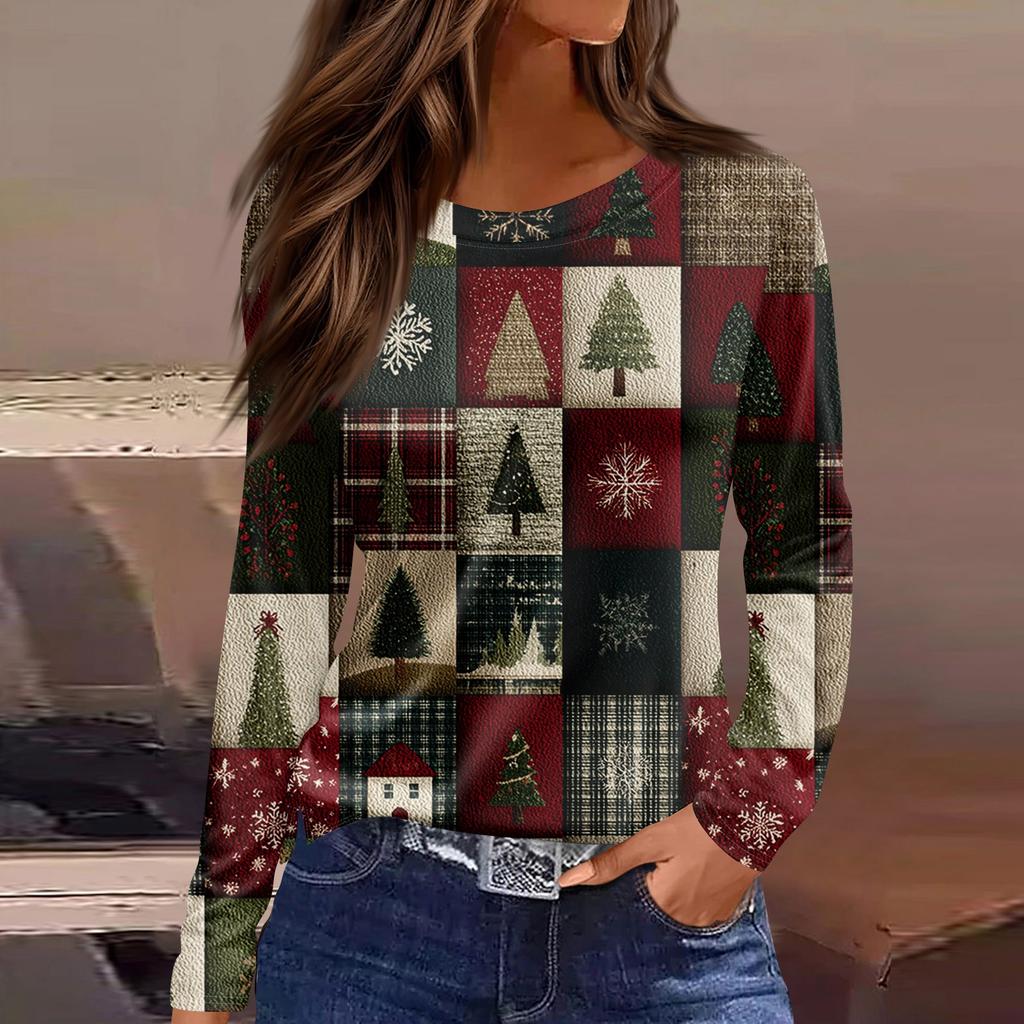 Women's Fashion Casual Slit Hem Round Neck Long Sleeve Loose Printed T-Shirt Ladies Top