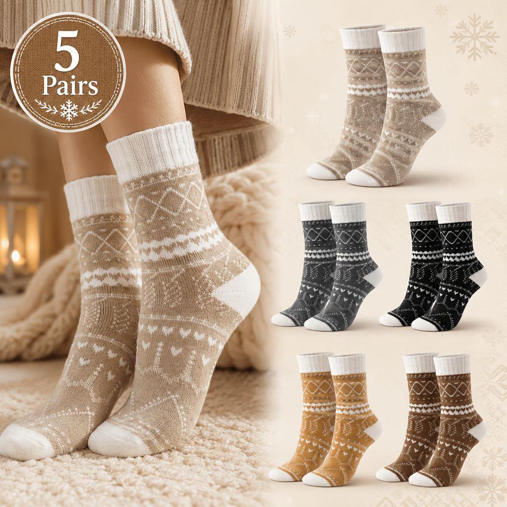 5 Pairs Women's Winter Warm Crew Socks, Thick Jacquard Socks with Vintage Geometric Pattern, Soft Thermal Cozy Socks