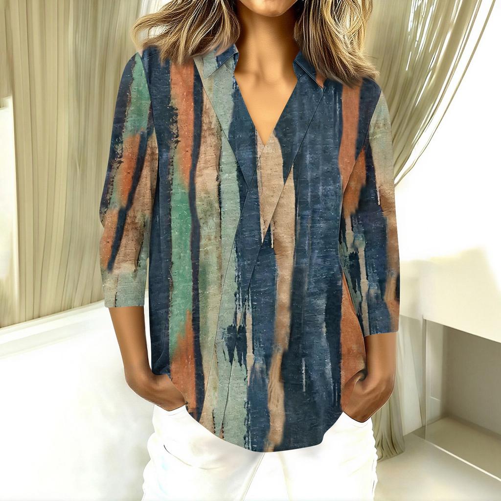 3/4-Ärmel Damenoberteile V-Ausschnitt Shirts Trendy Bedruckte Business Casual Arbeitsblusen