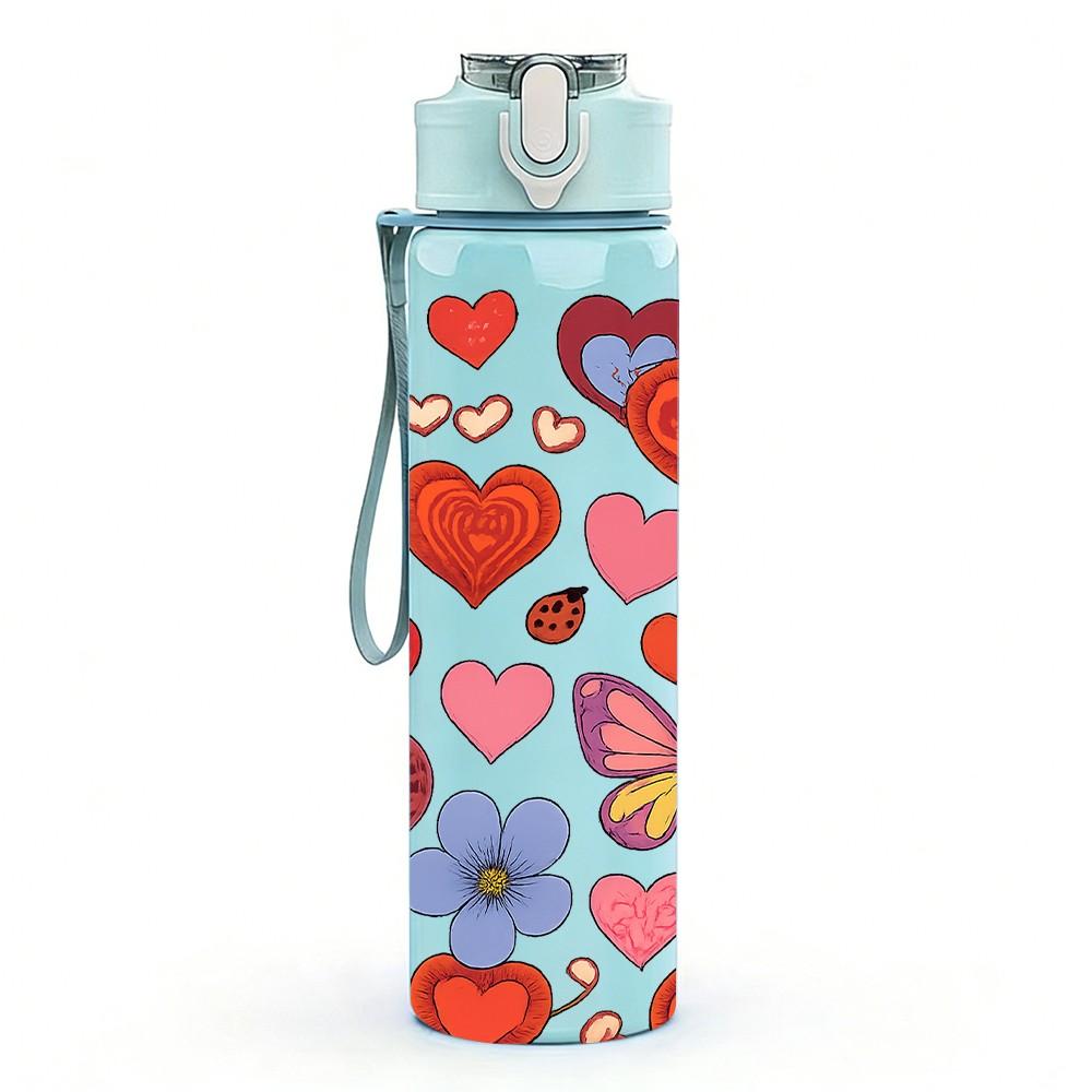 1PC Red Pink Heart Love Dense Pattern Print 750ml Color Plastic Sports Water Bottle Leakproof Flip Straw Lid Suitable for Sports Office Home Use