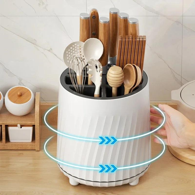 360° Rotatable Knife Holder, Multi-functional Kitchen Storage Rack Drain Basket, Simple Two-color Knife Storage Chopstick Barrel
