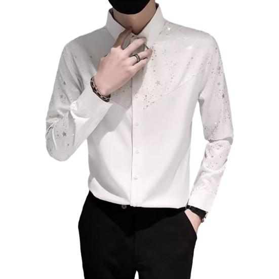 Men Shirt Sequin Star Color Matching Long Sleeve Single Breasted Patchwork Slim Fit Cardigan Turn Down Collar Soft Breathable Mid Length Men Top