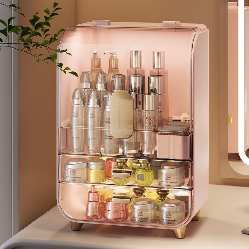 Dustproof Cosmetic Storage Box for Vanity Large Capacity Transparent Organizer Rack Cabinet for Skincare Home Use