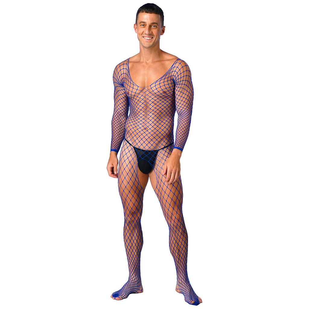 Mens Sheer Fishnet Bodysuit V Neck Long Sleeve Mesh Lingerie Sleepwear