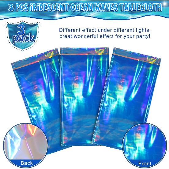 3 Pcs Iridescent Waves Tablecloths - Disposable Plastic Ocean Blue Table Cloth Rectangle Table Covers for Under the Sea Beach Surf Pool Party