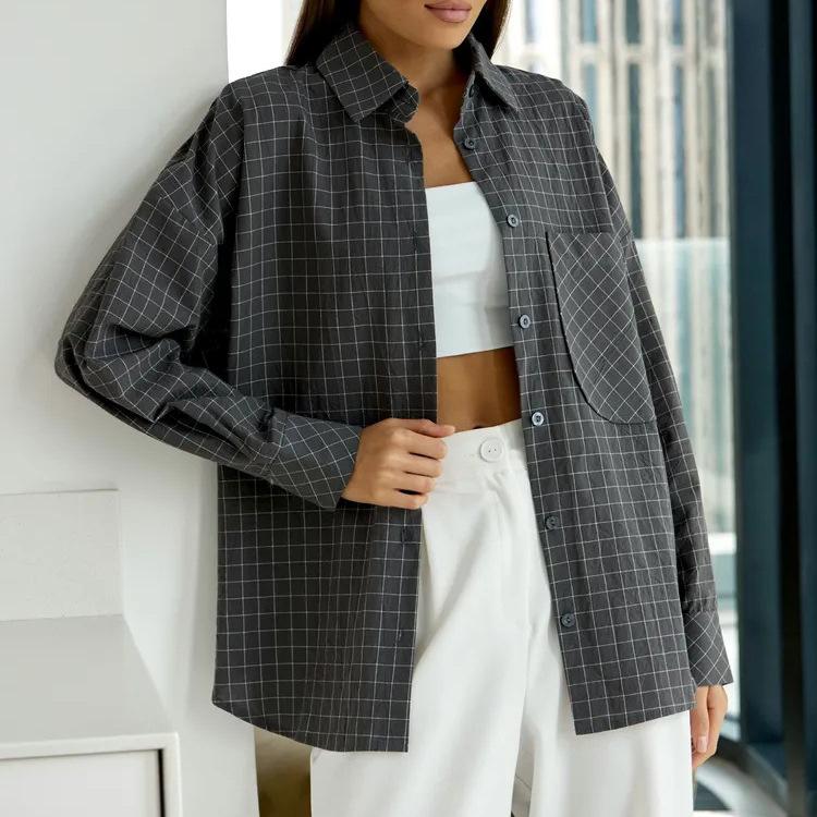 European and American Women's Clothing Loose Large Size Plaid Women's Clothing Shirt Work Shirt Casual Long-sleeved Shirt