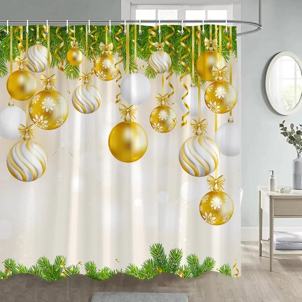 Christmas Shower Curtain Green Pine Branches Xmas Balls New Year Home Decor Polyester Fabric Bathroom Bath Curtains With Hooks