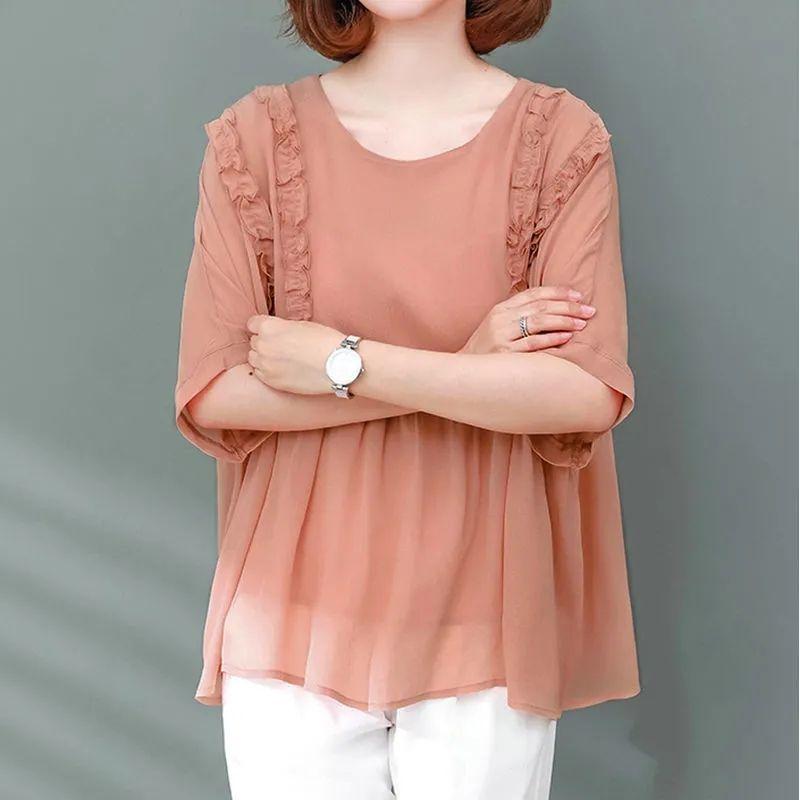 Damen Chiffon-Shirt mit halblangen Ärmeln Sommer Neuer Stil Eisseide Rundhals Pilzkante Lockeres Oberteil