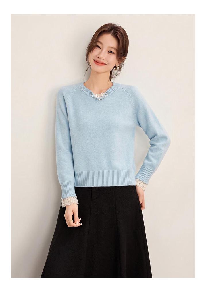 Shexi 100% Wool Knit Sweater with Lace Trim