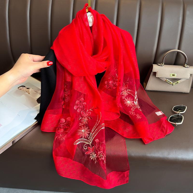 Embroidery Floral silk wool scarf Shawls and Wraps for Women High Quality Foulard Luxury Brand Hijab New Lady Pashmina Scarves