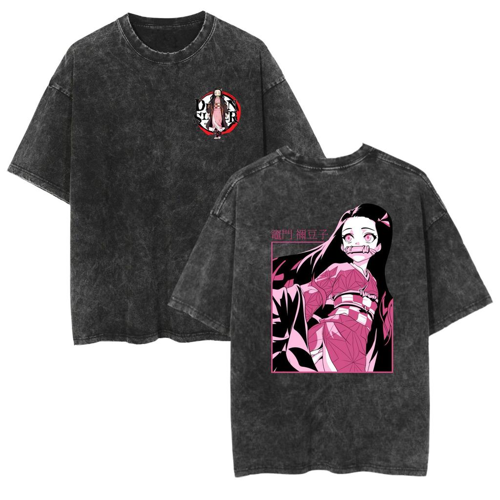 2026 neues Demon Slayer Nezuko Kamado Acid Wash Oversize T-Shirt, Vintage-gewaschenes schweres Baumwoll-Anime-Grafik-T-Shirt für KNY-Fans