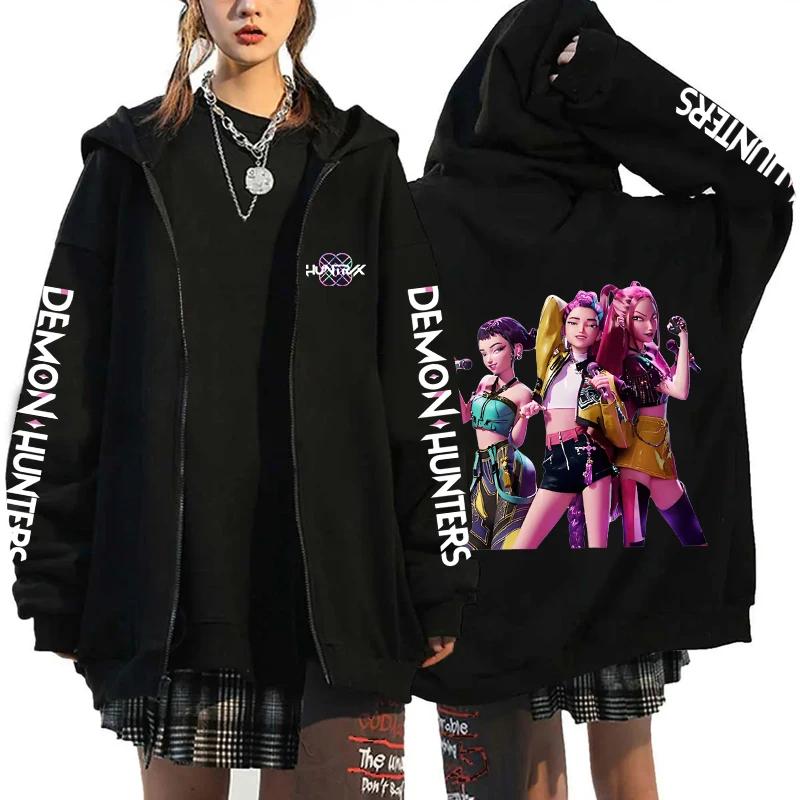 Hot Kpop Demon Hunters Printed Hoodies Hip-hop Zipper Hoodies Autumn Winter Streetwear Sweatshirt Women Men Long Sleeve Zip Coat