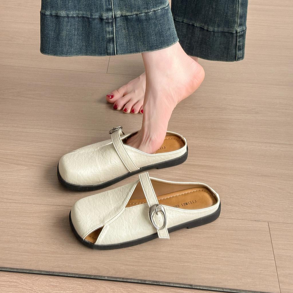 French Bag Head Half Slippers Women's Outer Wear 2025 Summer New Flat-bottomed Cool Slippers Lazy One Pedal Mueller Shoes