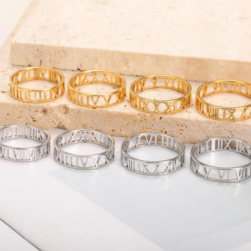 2022 Trendy Hollow Roman Numeral Ring Stainless Steel Love Heart Finger Rings Geometry Brand Jewelry Women Size 7-9