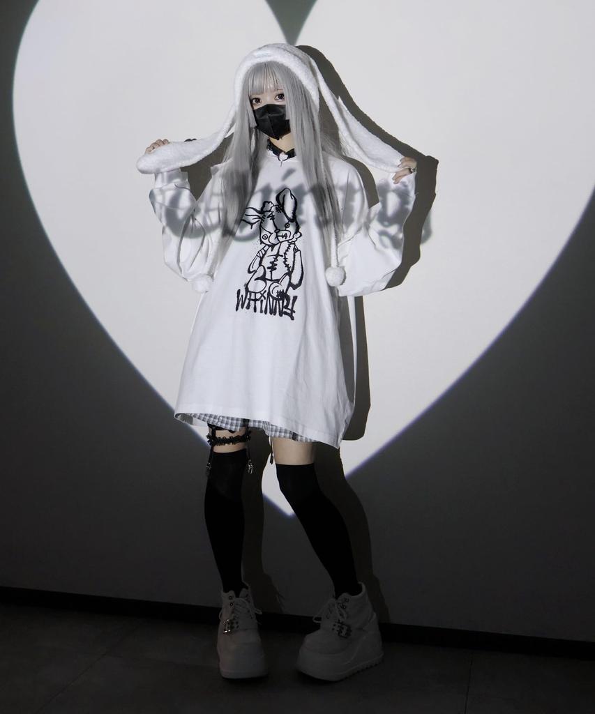 WEGO Whinny Rebellious Dark Rabbit Big Pullover Long Sleeve Size White Top, T-Shirt, Cute, Girly, Subculture, Women's, F,