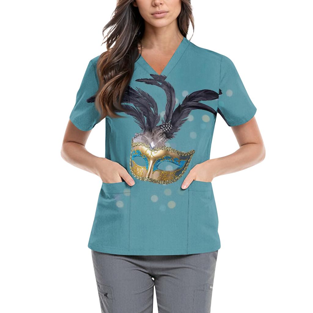 Women's  Carnival Themed Outfit Party Mask Pattern Caregiver Top