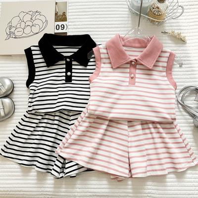 Summer Girls' Outfit New Striped Turn-Down Collar Tank Top T-Shirt And Shorts Girls' Sports Casual Two-Piece Set