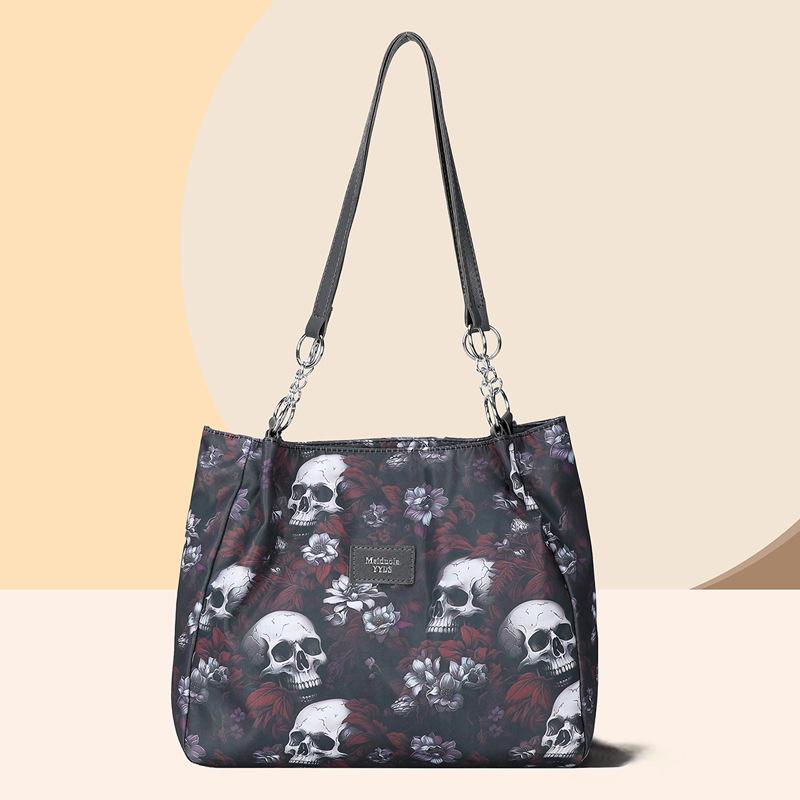 Vintage Gothic Waterproof Oxford Shoulder Bag Aesthetic Skull Print Purses Women Handbag Large Capacity Messenger Totes MIT