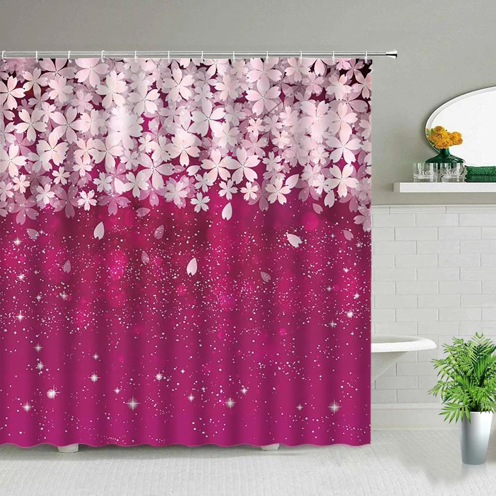 Flowers Plant Shower Curtains Beautiful Flower Purple Bathroom Decor Bathroom Screen Polyester Frabic Waterproof Cloth Curtains