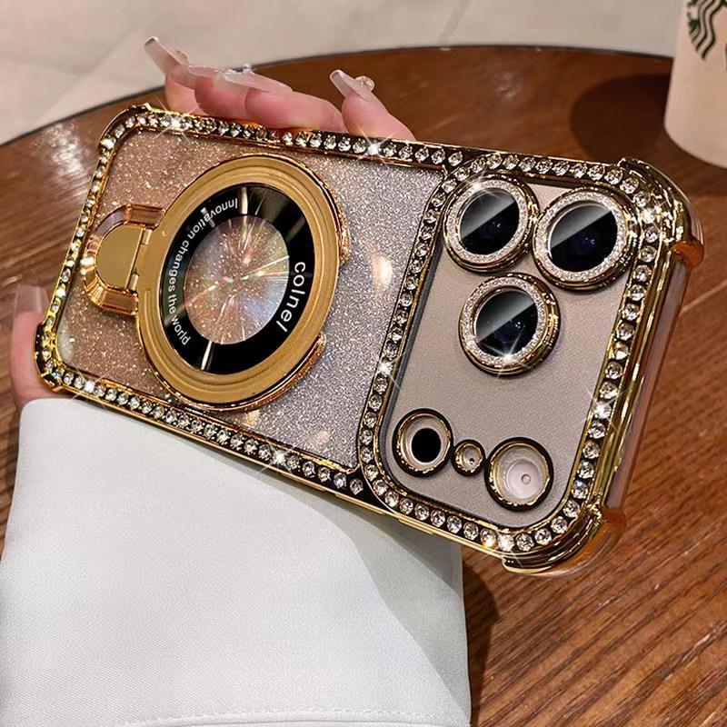 Compatible with iPhone 17 PRO MAX case: rhinestone edge, glitter finish, magnetic stand, Apple 16 fit, airbag protection, drop-proof, soft design.